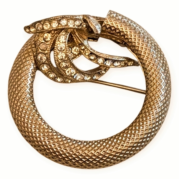 Vintage Napier 50s gold tone circle pin turquoise rhinestone crystal collectible - Picture 5 of 13